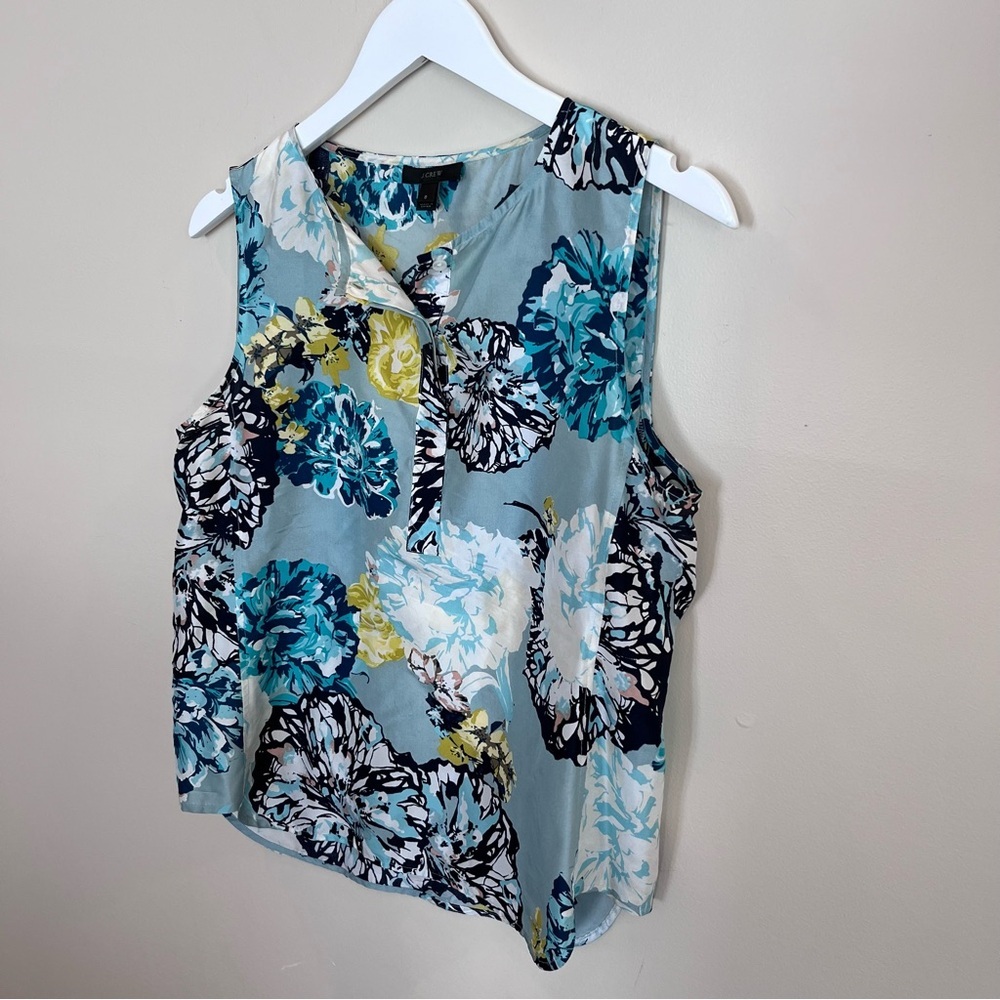 J Crew Silk Aquatic Floral Half Button Sleeveless Shell Tank Blouse Top Size 8 - Picture 2 of 6